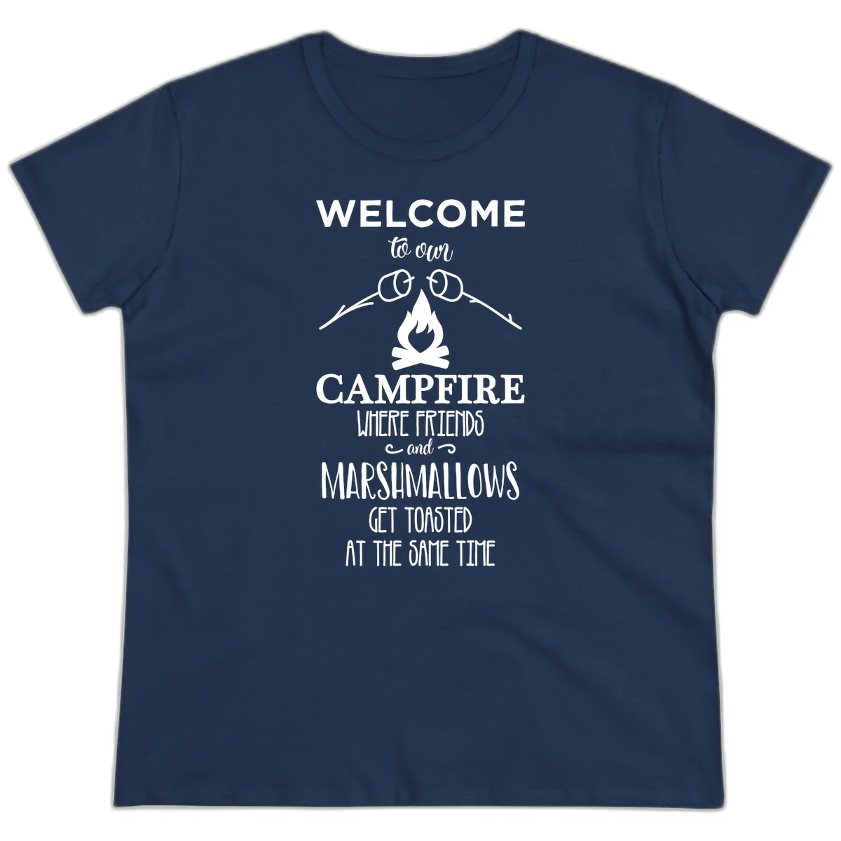Campfire design with roasting sticks and marshmallows, welcoming text about friends and toasted marshmallows in Navy