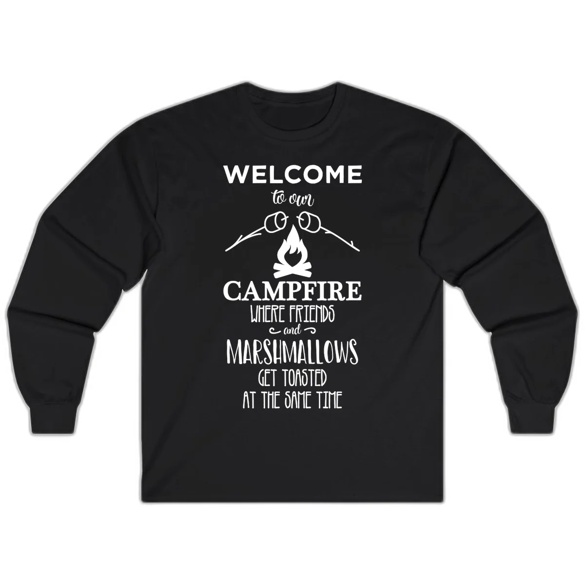 Campfire design with roasting sticks and marshmallows, welcoming text about friends and toasted marshmallows in Black