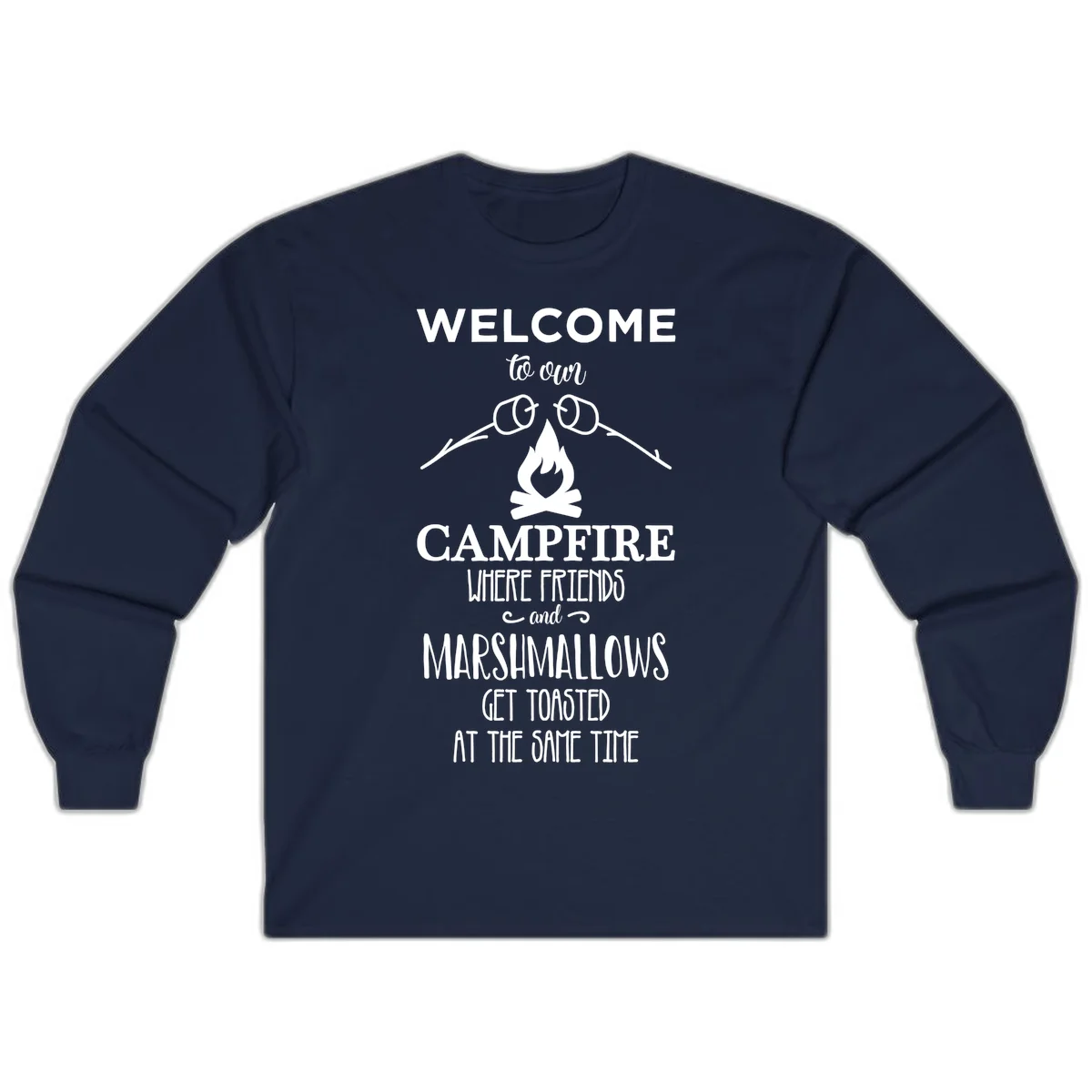 Campfire design with roasting sticks and marshmallows, welcoming text about friends and toasted marshmallows in Navy