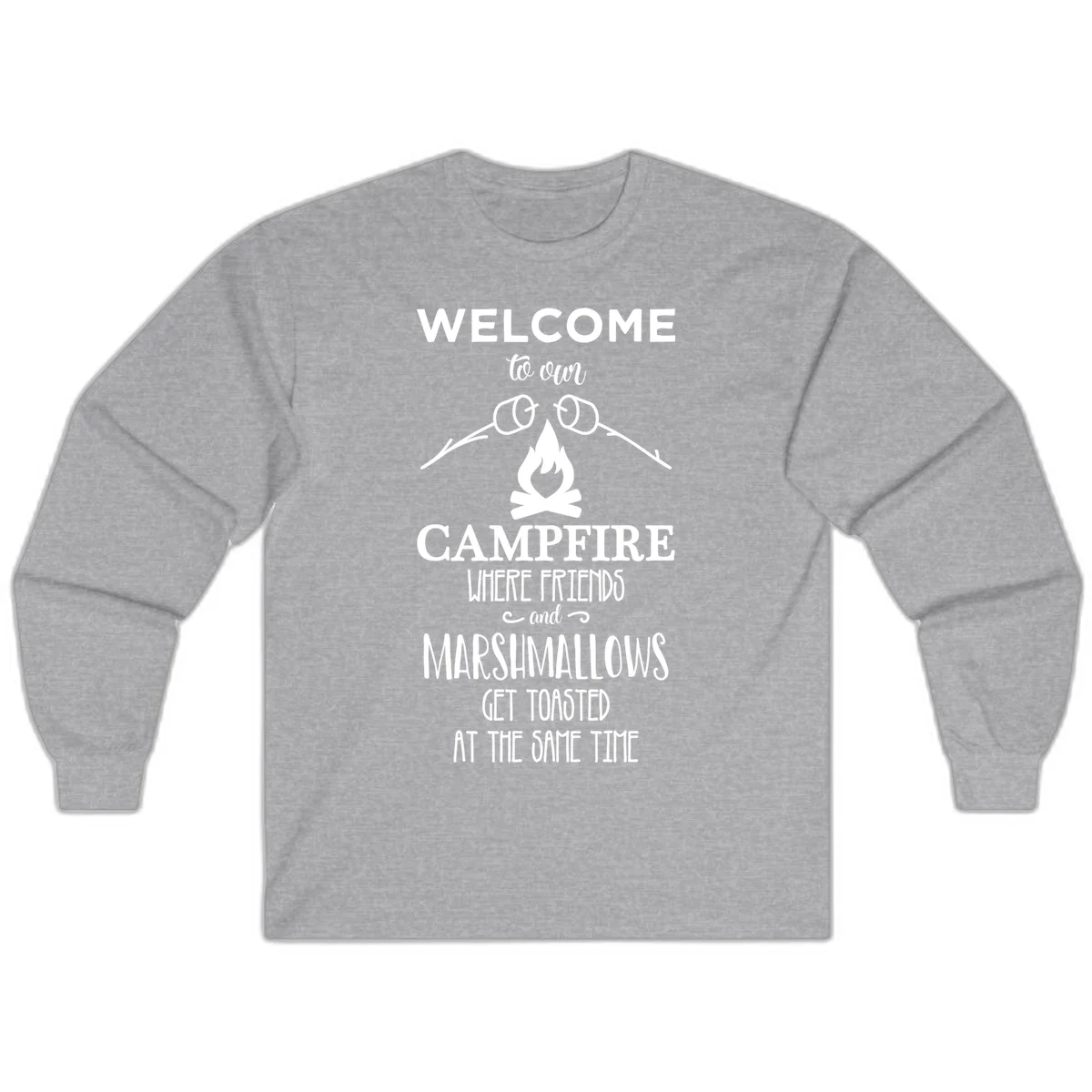 Campfire design with roasting sticks and marshmallows, welcoming text about friends and toasted marshmallows in Sport Grey