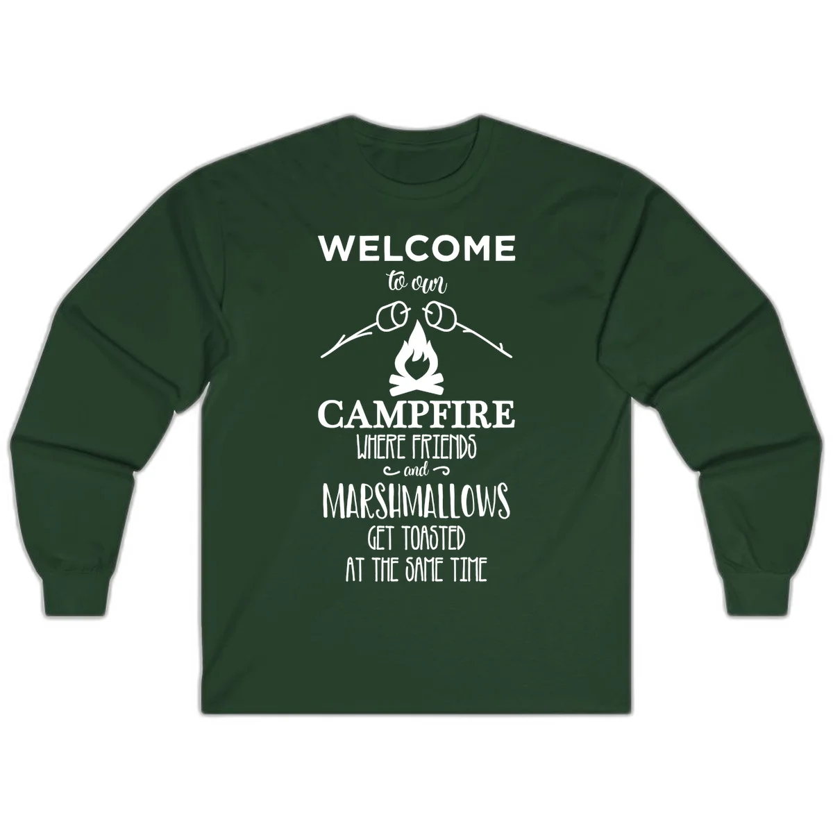 Campfire design with roasting sticks and marshmallows, welcoming text about friends and toasted marshmallows in Forest Green