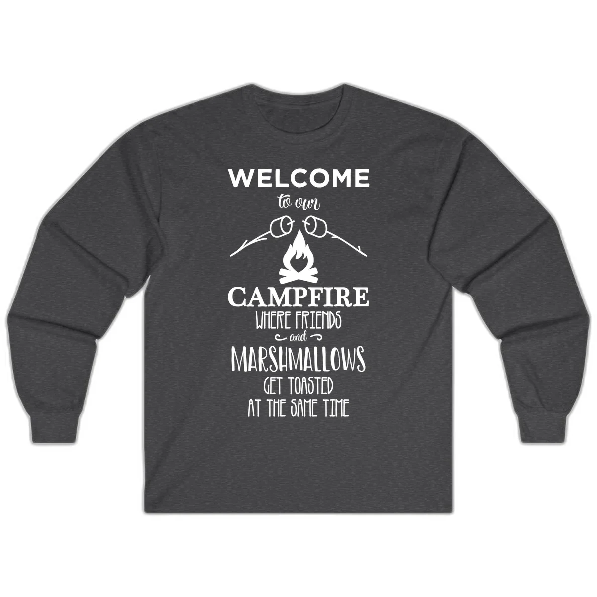 Campfire design with roasting sticks and marshmallows, welcoming text about friends and toasted marshmallows in Dark Heather