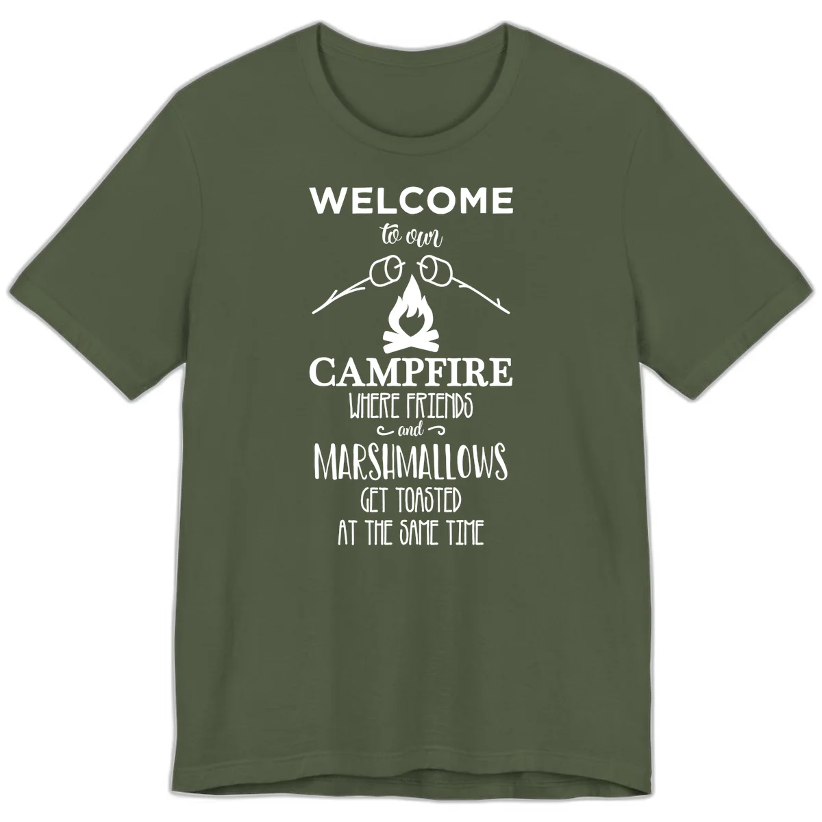Campfire design with roasting sticks and marshmallows, welcoming text about friends and toasted marshmallows in Military Green