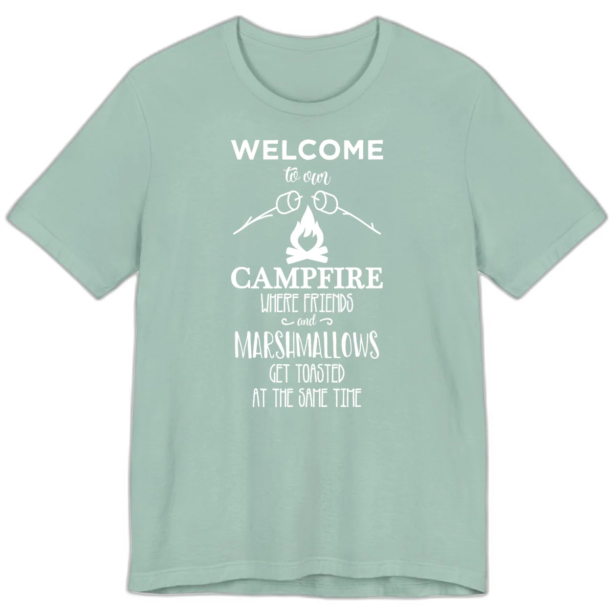Campfire design with roasting sticks and marshmallows, welcoming text about friends and toasted marshmallows in Dusty Blue