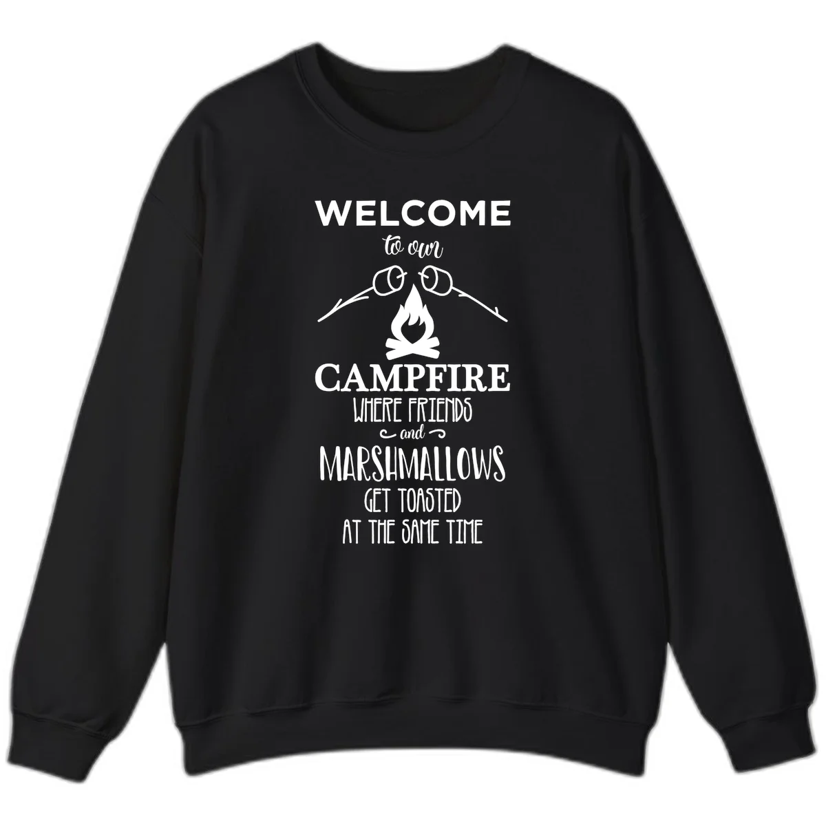 Campfire design with roasting sticks and marshmallows, welcoming text about friends and toasted marshmallows in Black