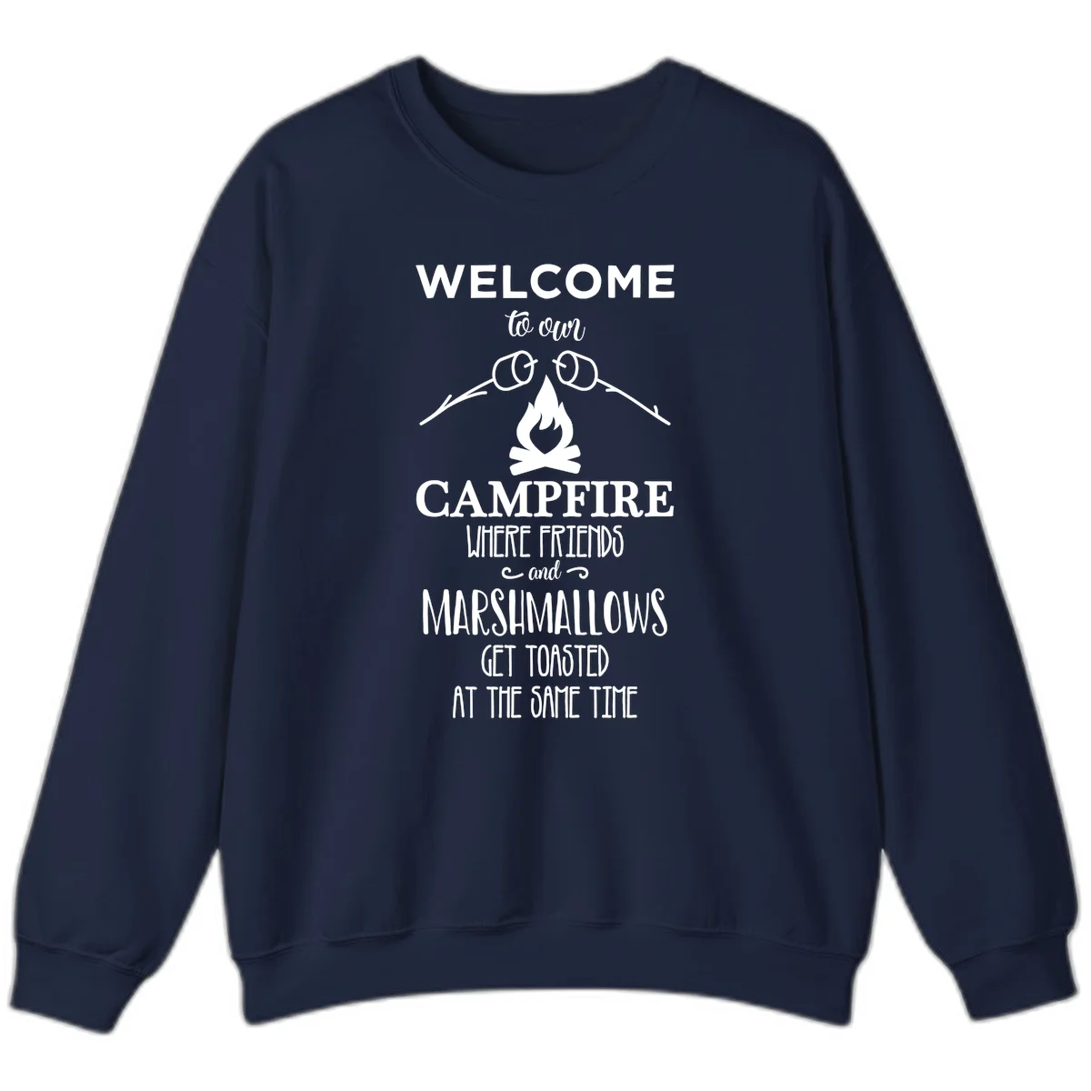Campfire design with roasting sticks and marshmallows, welcoming text about friends and toasted marshmallows in Navy