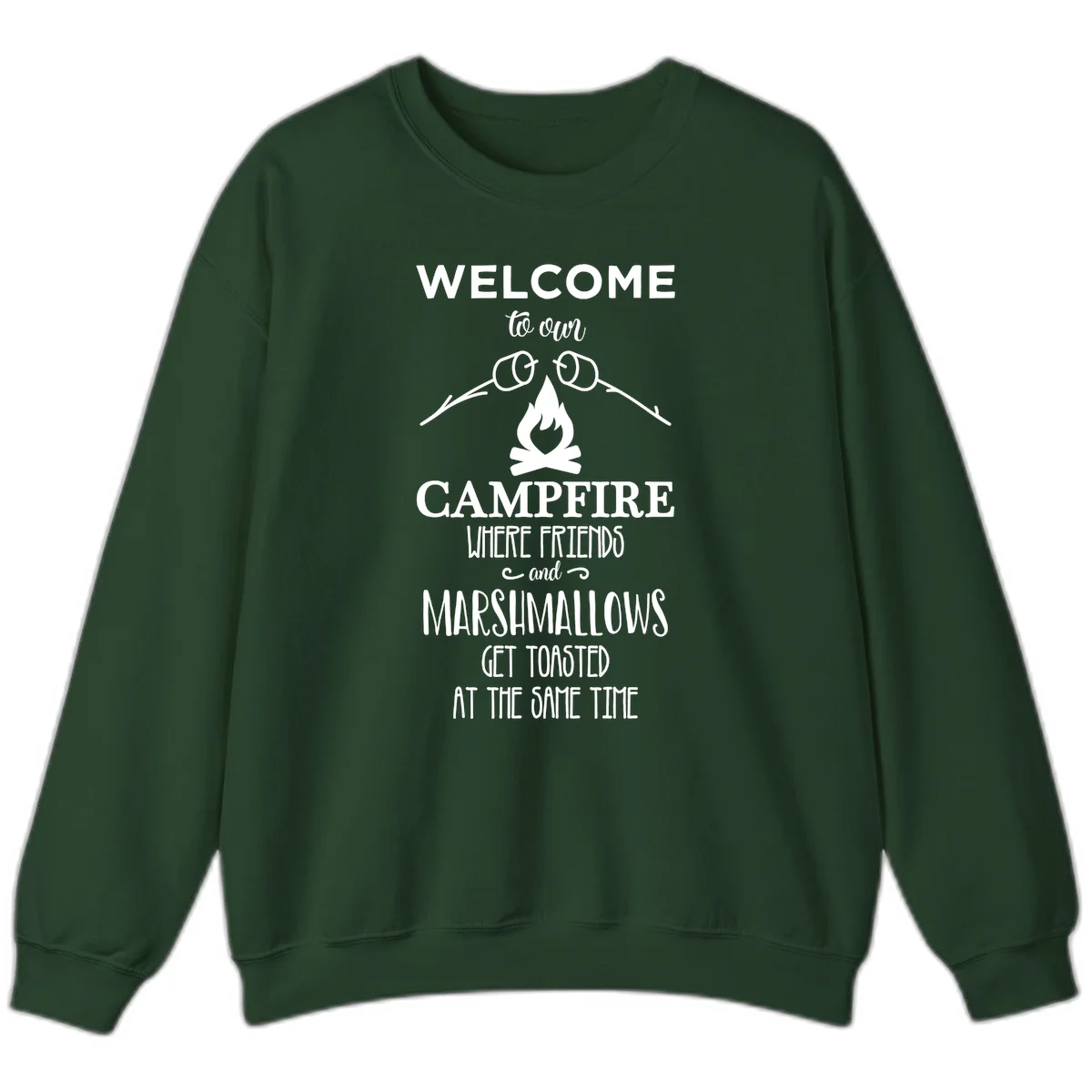 Campfire design with roasting sticks and marshmallows, welcoming text about friends and toasted marshmallows in Forest Green