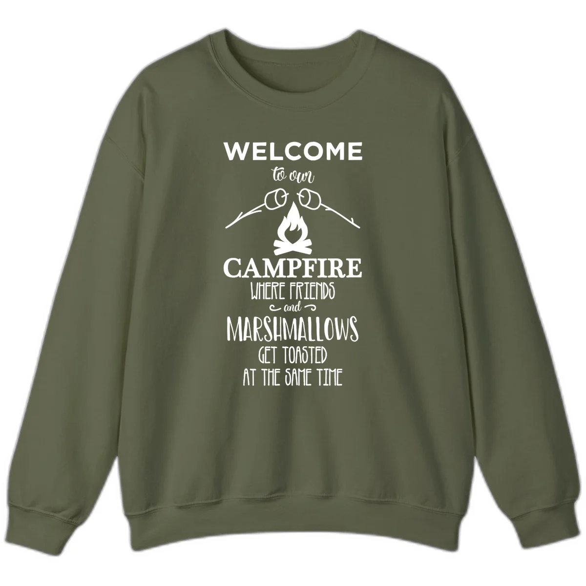 Campfire design with roasting sticks and marshmallows, welcoming text about friends and toasted marshmallows in Military Green