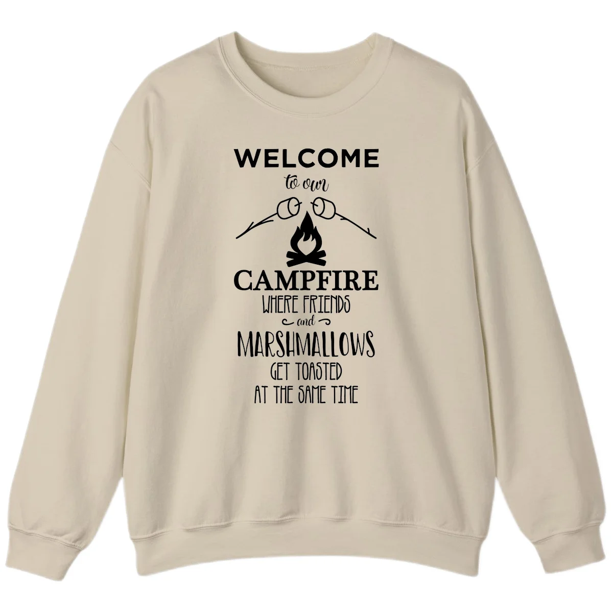 Campfire design with roasting sticks and marshmallows, welcoming text about friends and toasted marshmallows in Sand