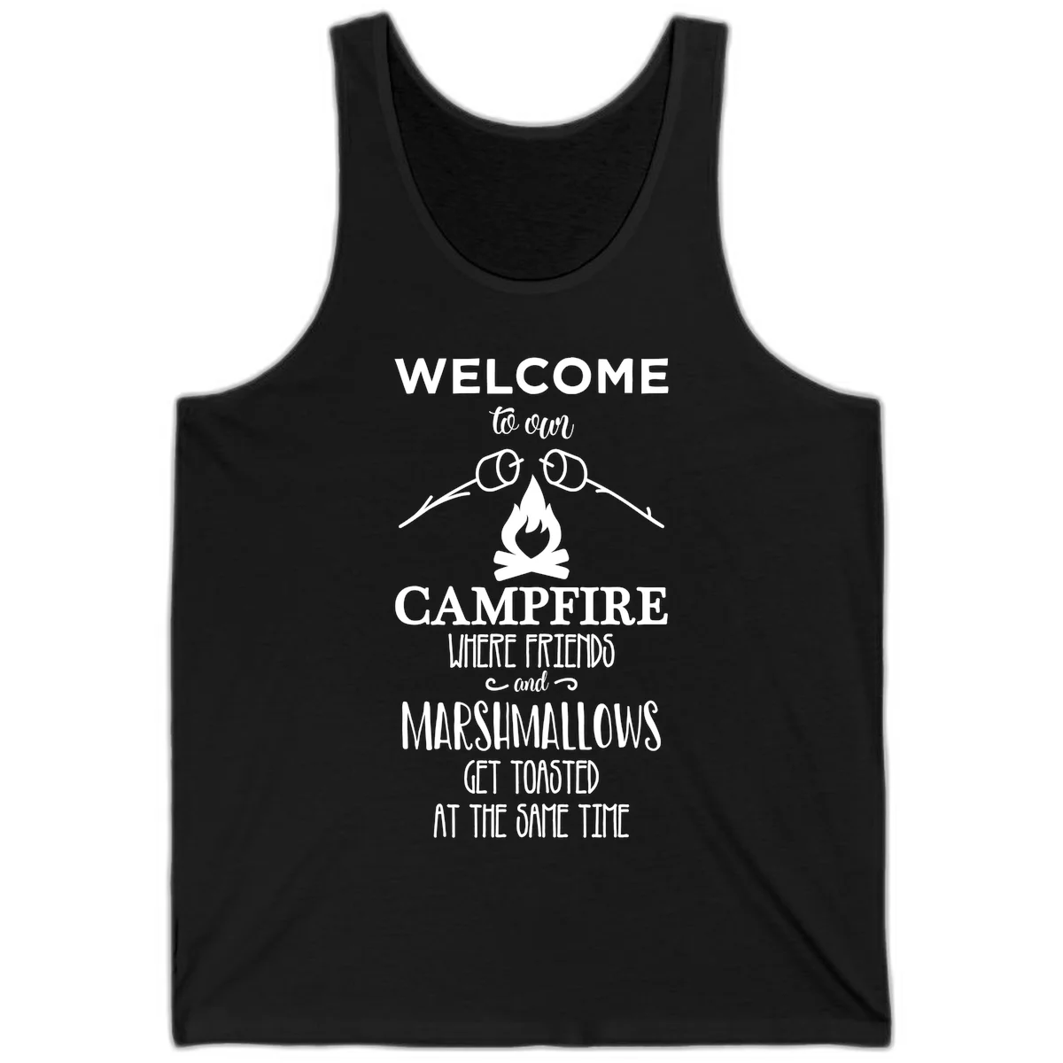 Campfire design with roasting sticks and marshmallows, welcoming text about friends and toasted marshmallows in Black