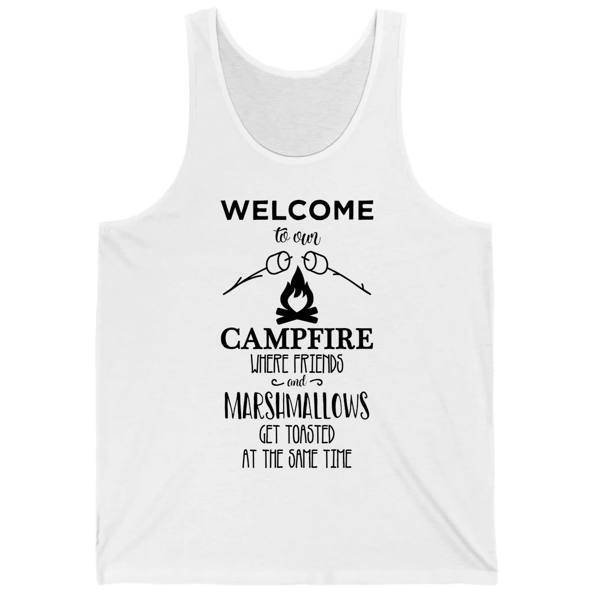 Campfire design with roasting sticks and marshmallows, welcoming text about friends and toasted marshmallows in White