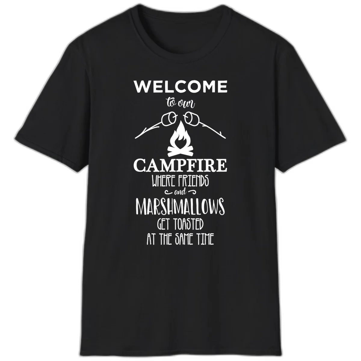 Campfire design with roasting sticks and marshmallows, welcoming text about friends and toasted marshmallows in Black