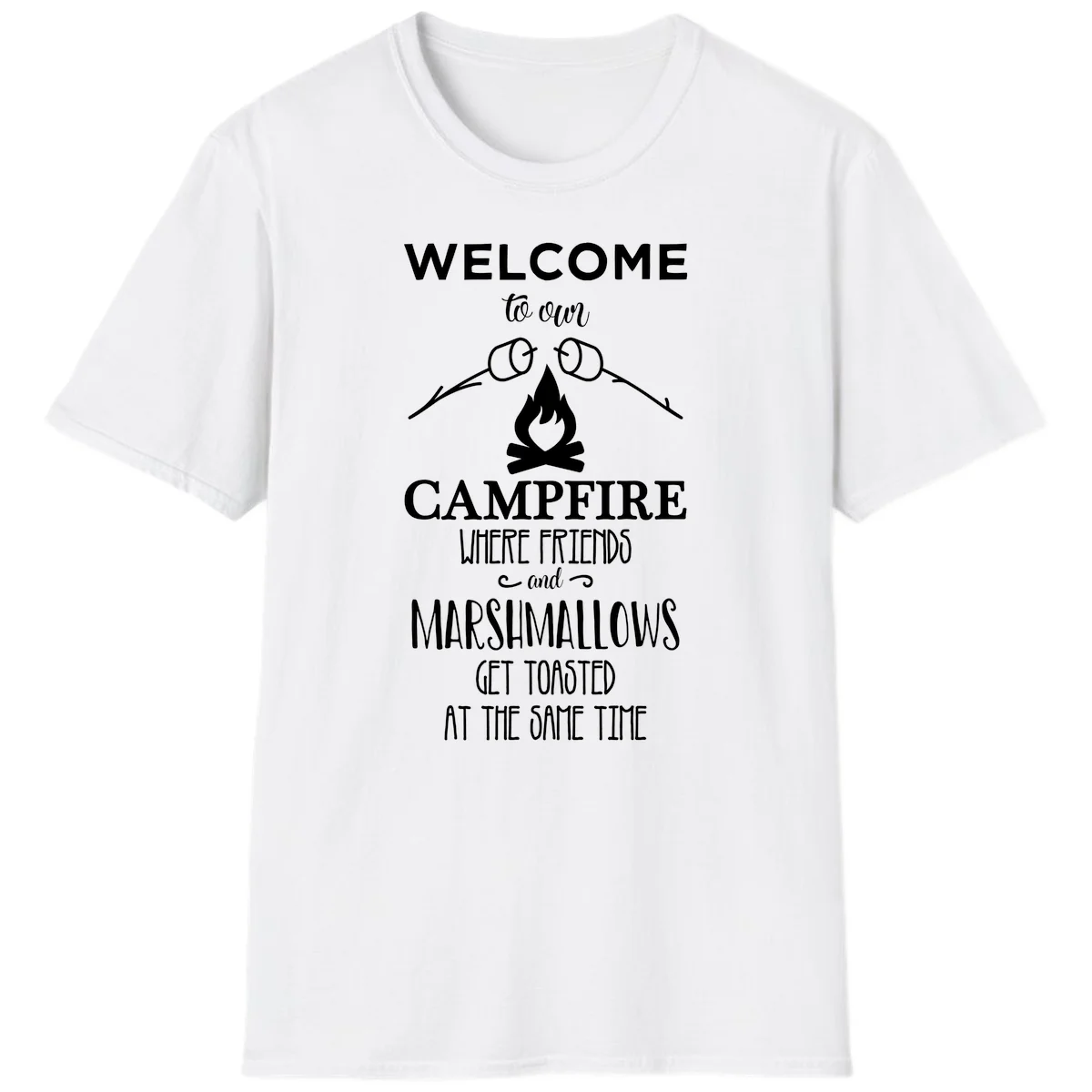 Campfire design with roasting sticks and marshmallows, welcoming text about friends and toasted marshmallows in White