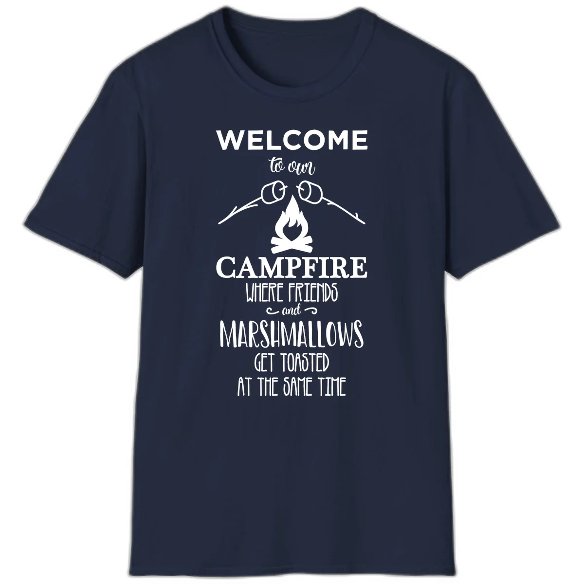 Campfire design with roasting sticks and marshmallows, welcoming text about friends and toasted marshmallows in Navy