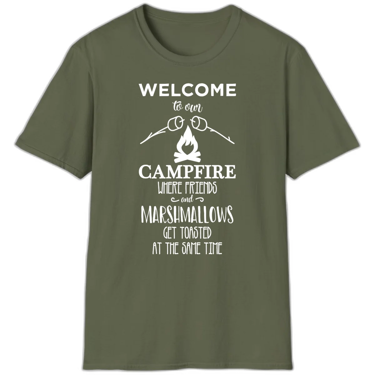 Campfire design with roasting sticks and marshmallows, welcoming text about friends and toasted marshmallows in Military Green