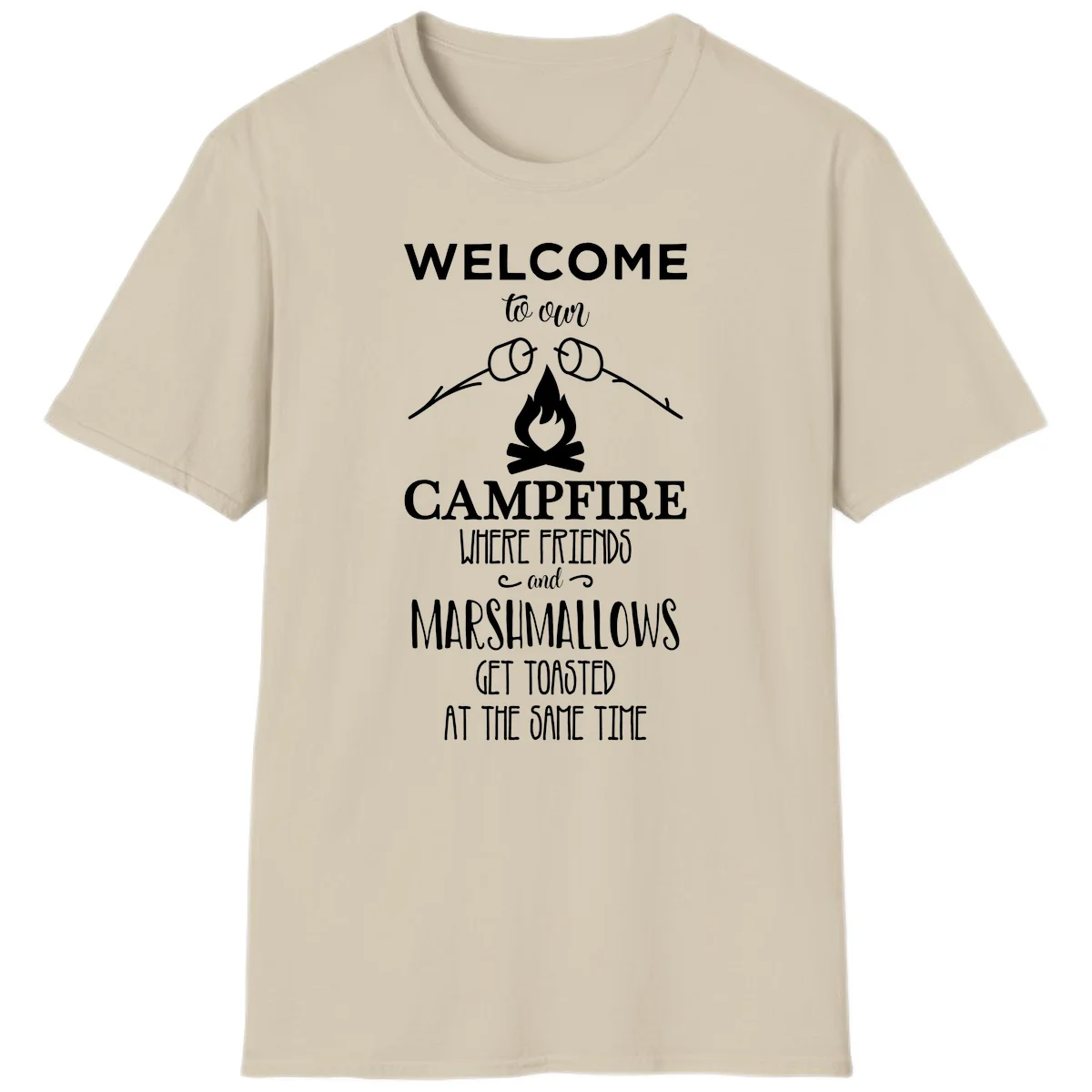 Campfire design with roasting sticks and marshmallows, welcoming text about friends and toasted marshmallows in Sand