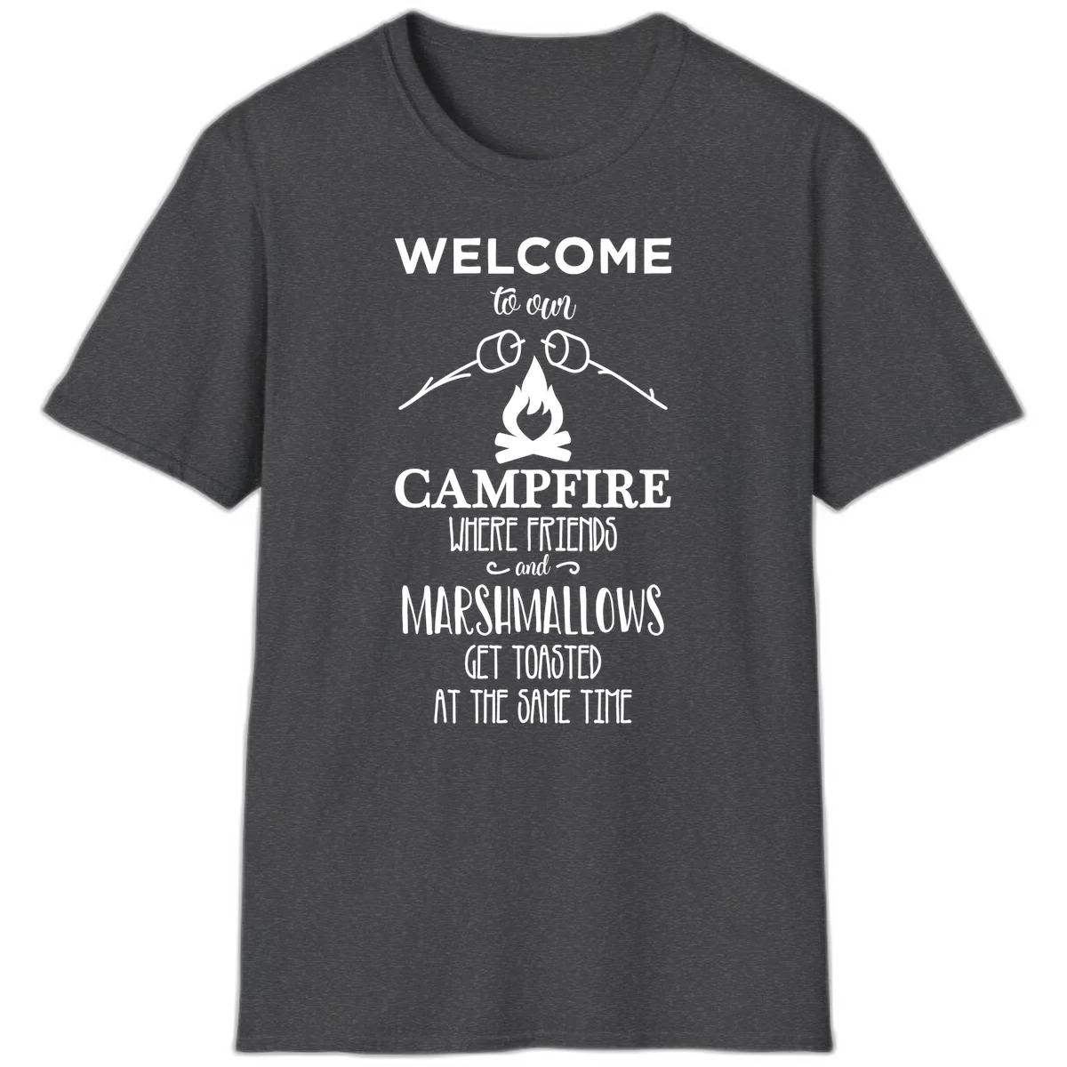 Campfire design with roasting sticks and marshmallows, welcoming text about friends and toasted marshmallows in Dark Heather