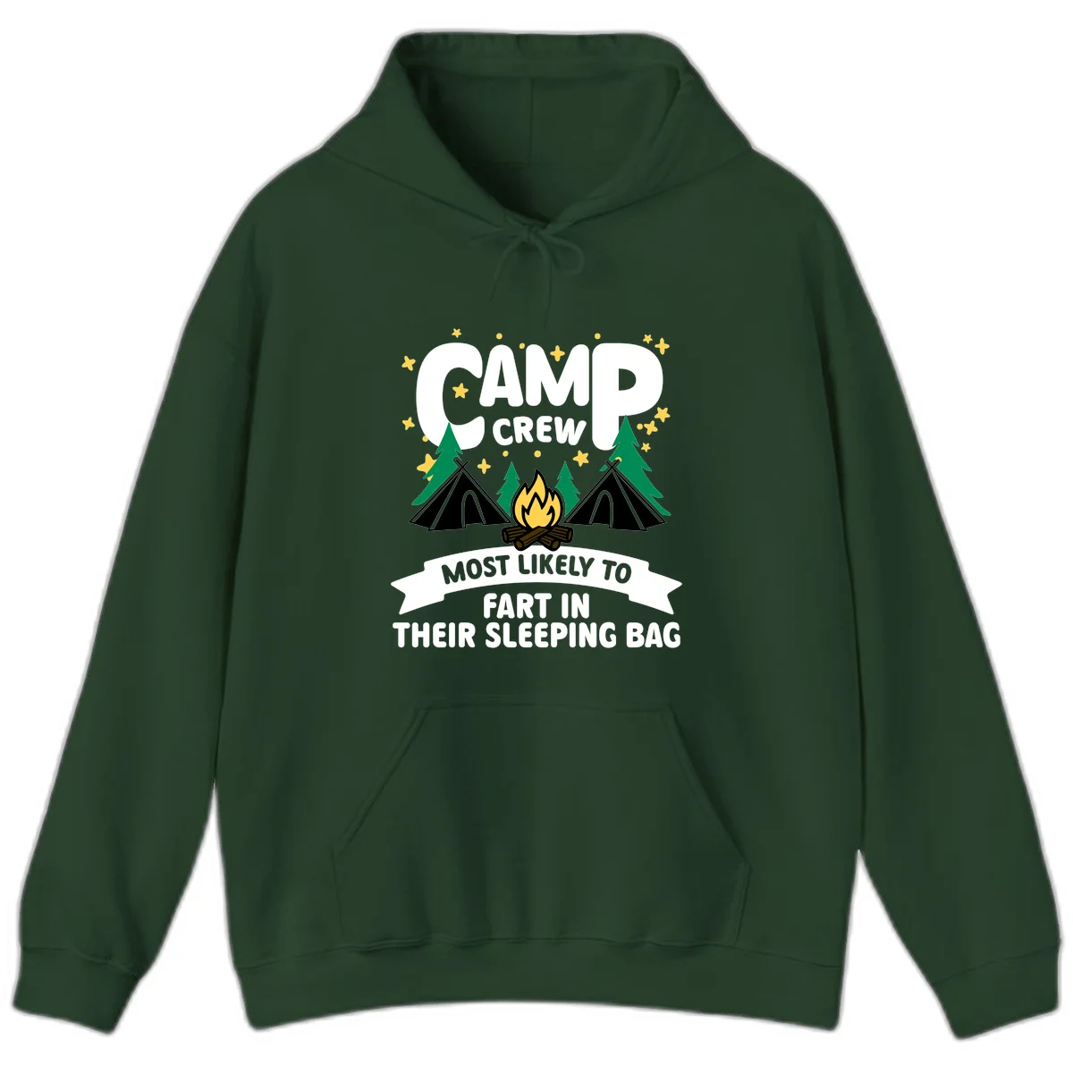 Humorous camping design with 'Camp Crew' text, campfire, tents, and trees with banner reading 'Most Likely To Fart In Their Sleeping Bag' in Forest Green