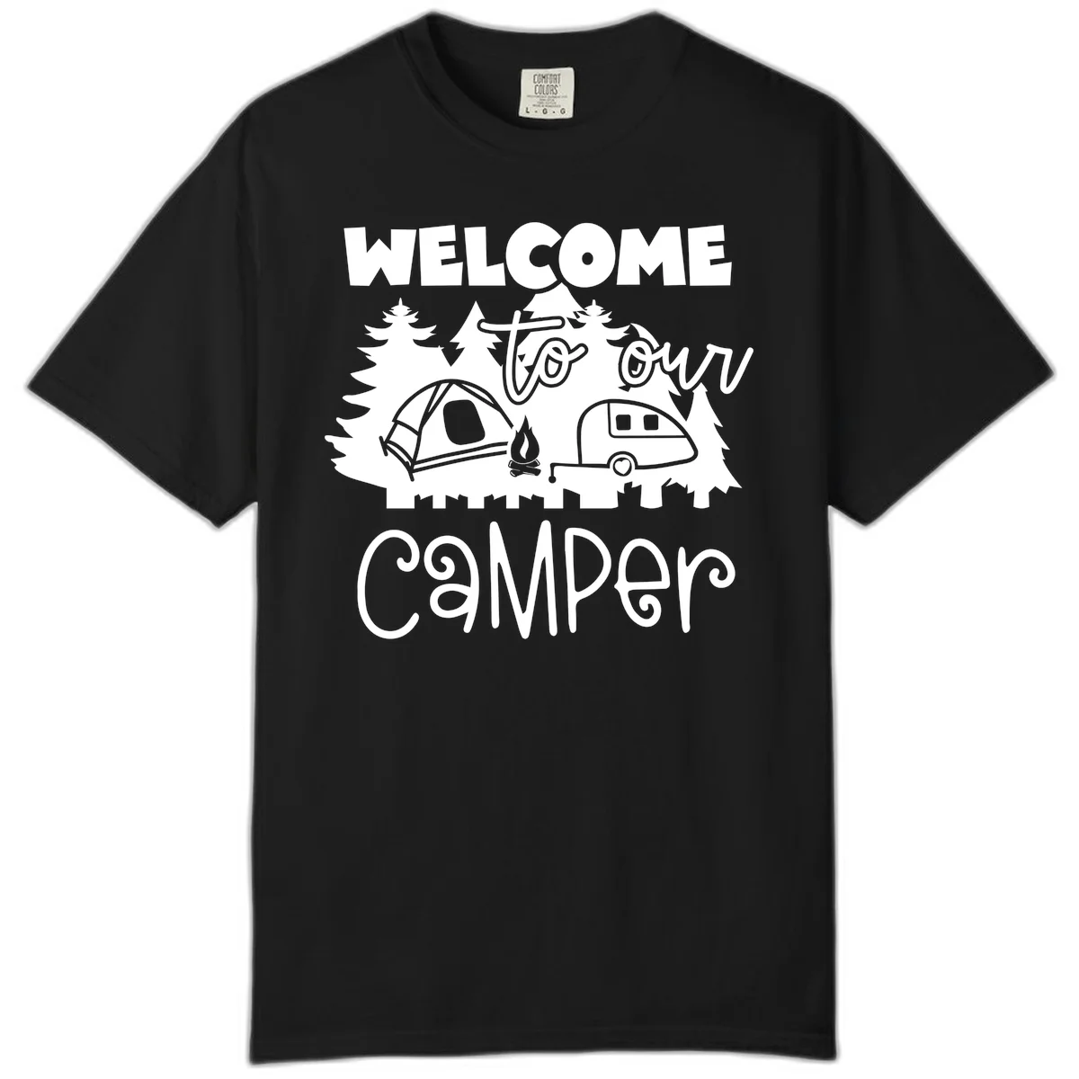 White camping illustration with tent, campfire, and travel trailer surrounded by pine trees and 'Welcome To Our Camper' text on gray background in Black