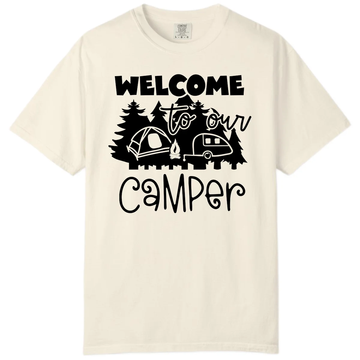 White camping illustration with tent, campfire, and travel trailer surrounded by pine trees and 'Welcome To Our Camper' text on gray background in Ivory