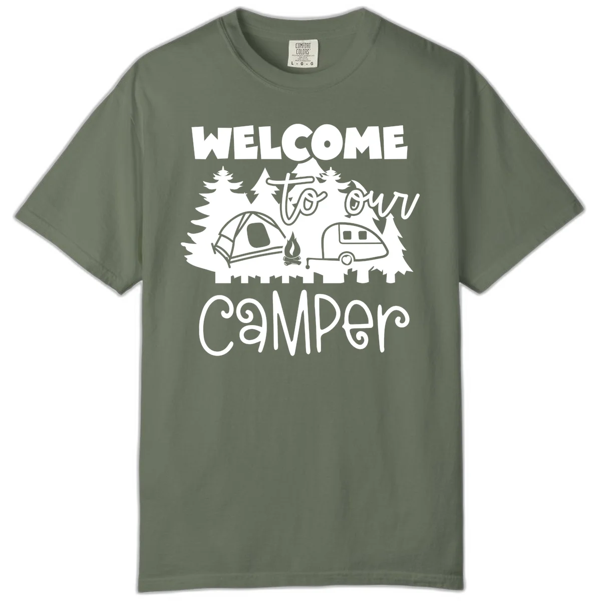 White camping illustration with tent, campfire, and travel trailer surrounded by pine trees and 'Welcome To Our Camper' text on gray background in Moss