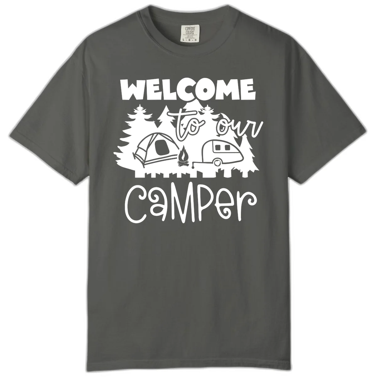 White camping illustration with tent, campfire, and travel trailer surrounded by pine trees and 'Welcome To Our Camper' text on gray background in Pepper