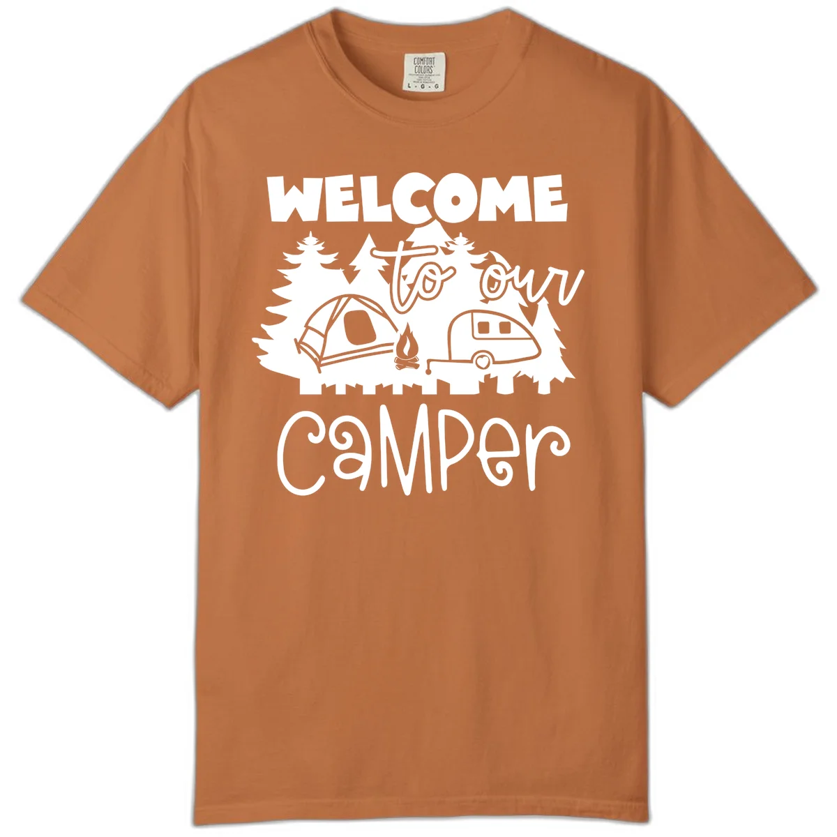 White camping illustration with tent, campfire, and travel trailer surrounded by pine trees and 'Welcome To Our Camper' text on gray background in Yam
