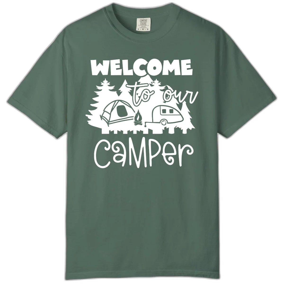 White camping illustration with tent, campfire, and travel trailer surrounded by pine trees and 'Welcome To Our Camper' text on gray background in Blue Spruce