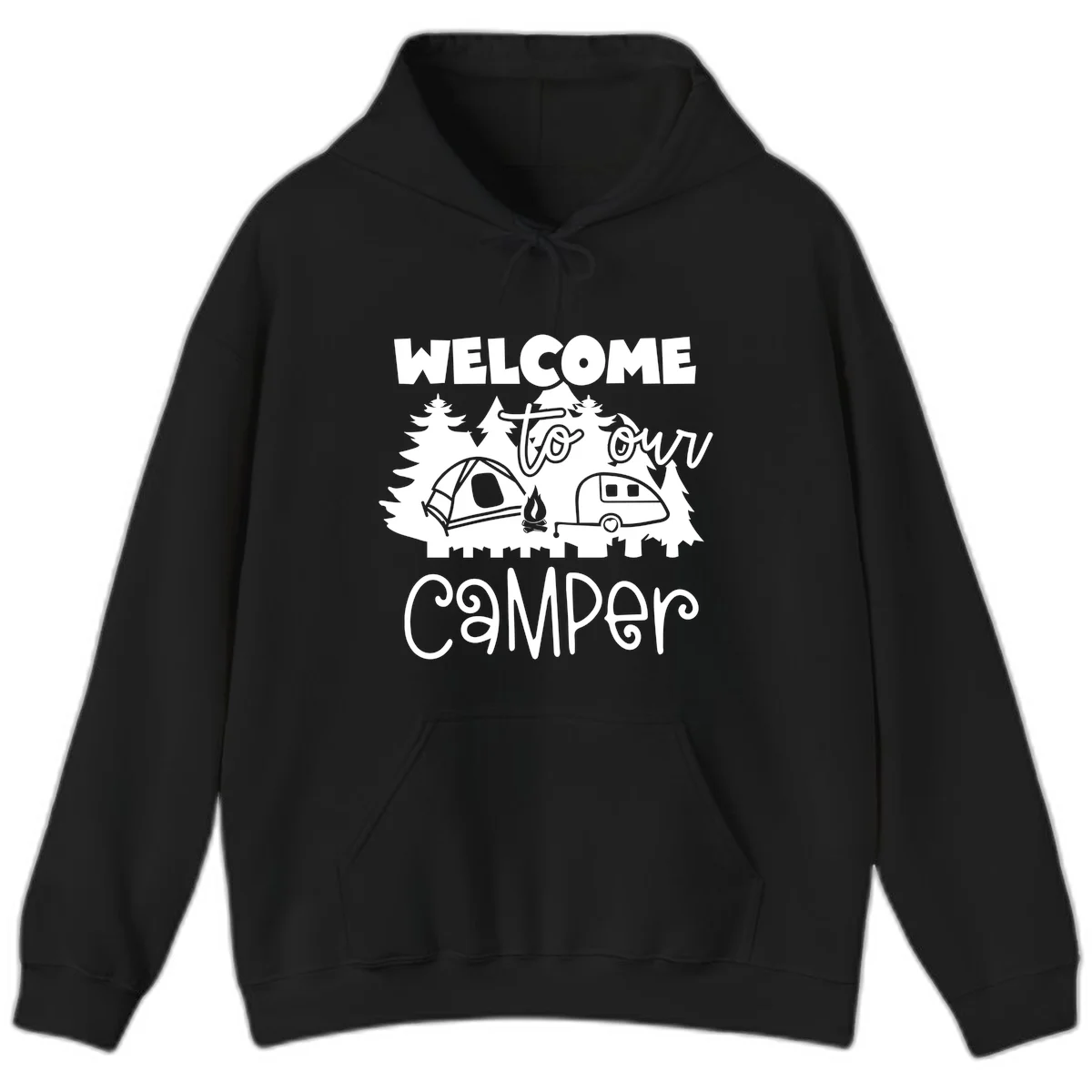 White camping illustration with tent, campfire, and travel trailer surrounded by pine trees and 'Welcome To Our Camper' text on gray background in Black