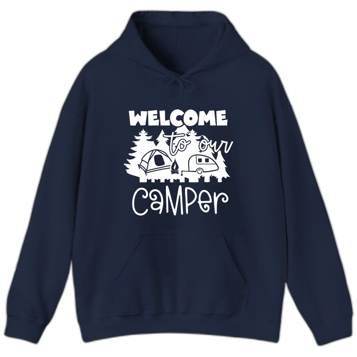 White camping illustration with tent, campfire, and travel trailer surrounded by pine trees and 'Welcome To Our Camper' text on gray background in Navy