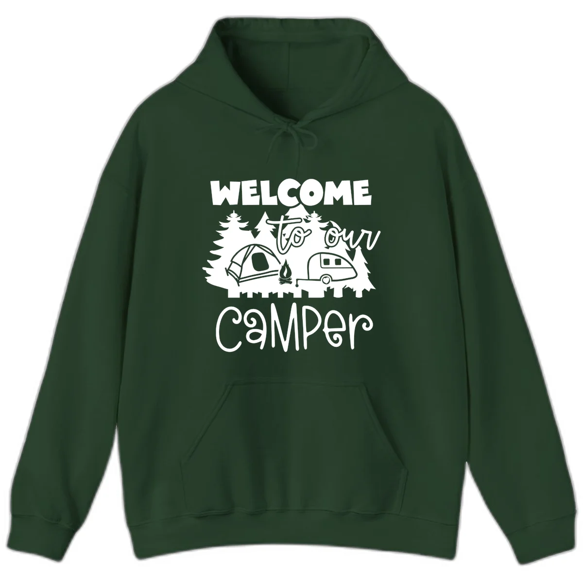 White camping illustration with tent, campfire, and travel trailer surrounded by pine trees and 'Welcome To Our Camper' text on gray background in Forest Green