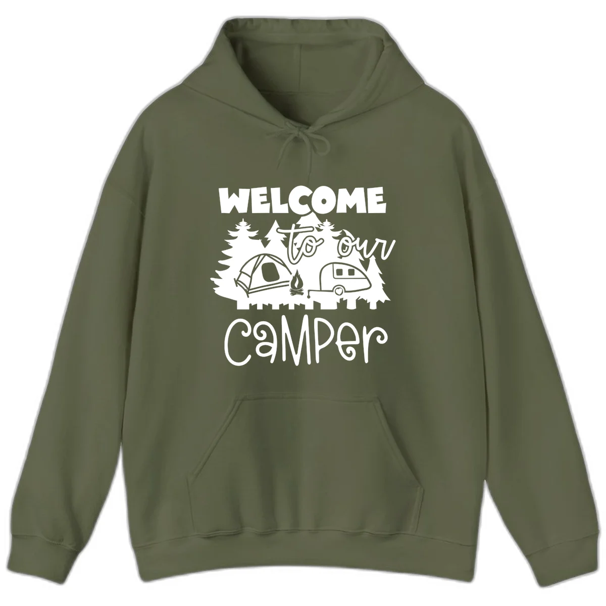 White camping illustration with tent, campfire, and travel trailer surrounded by pine trees and 'Welcome To Our Camper' text on gray background in Military Green