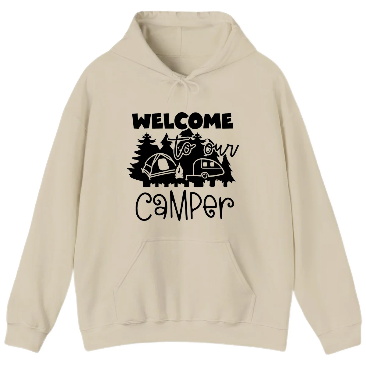 White camping illustration with tent, campfire, and travel trailer surrounded by pine trees and 'Welcome To Our Camper' text on gray background in Sand