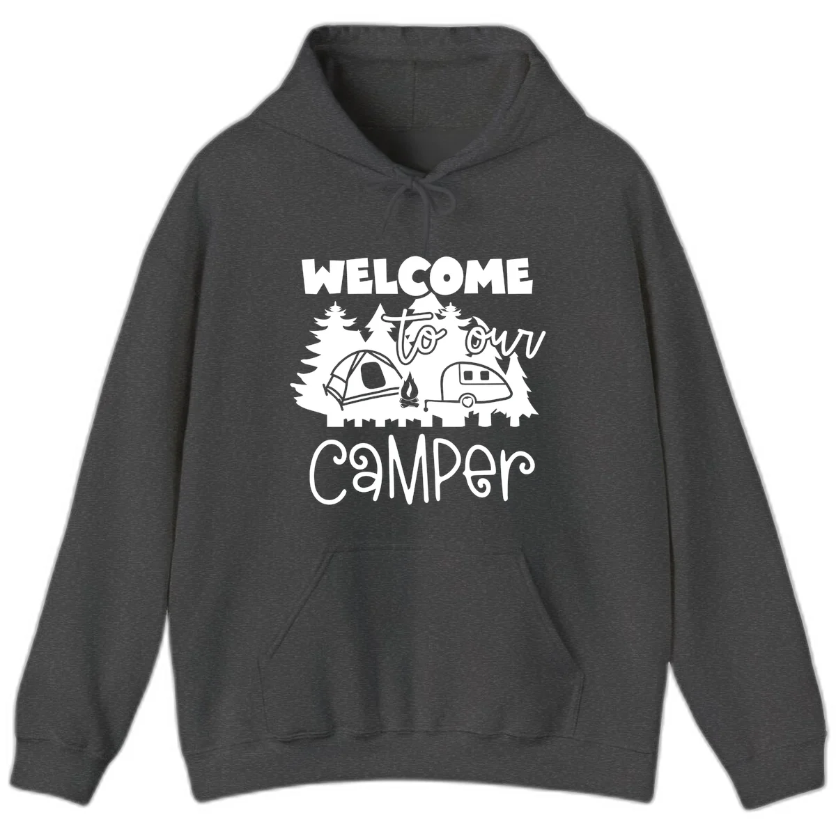 White camping illustration with tent, campfire, and travel trailer surrounded by pine trees and 'Welcome To Our Camper' text on gray background in Dark Heather