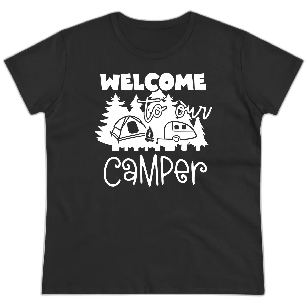 White camping illustration with tent, campfire, and travel trailer surrounded by pine trees and 'Welcome To Our Camper' text on gray background in Black