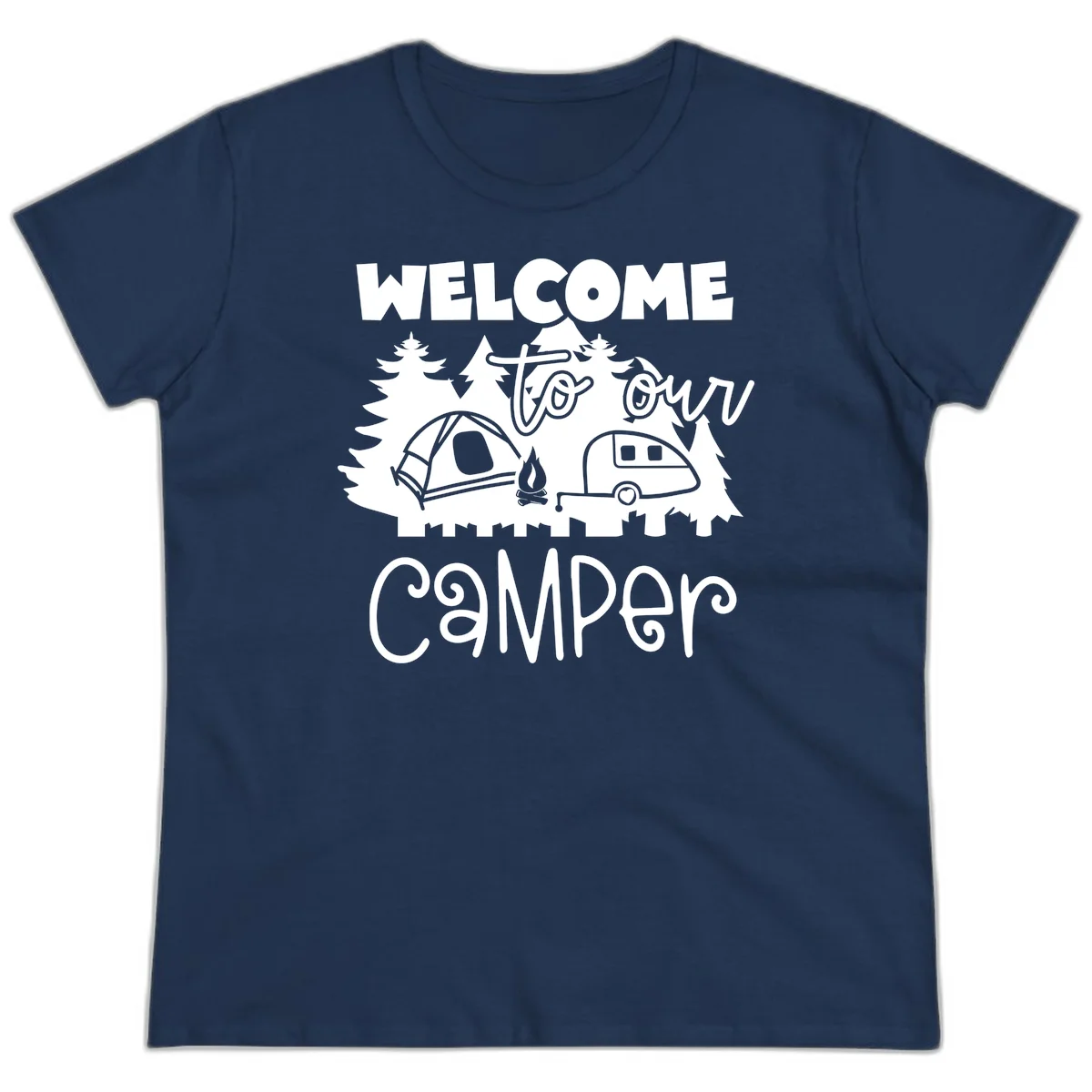 White camping illustration with tent, campfire, and travel trailer surrounded by pine trees and 'Welcome To Our Camper' text on gray background in Navy