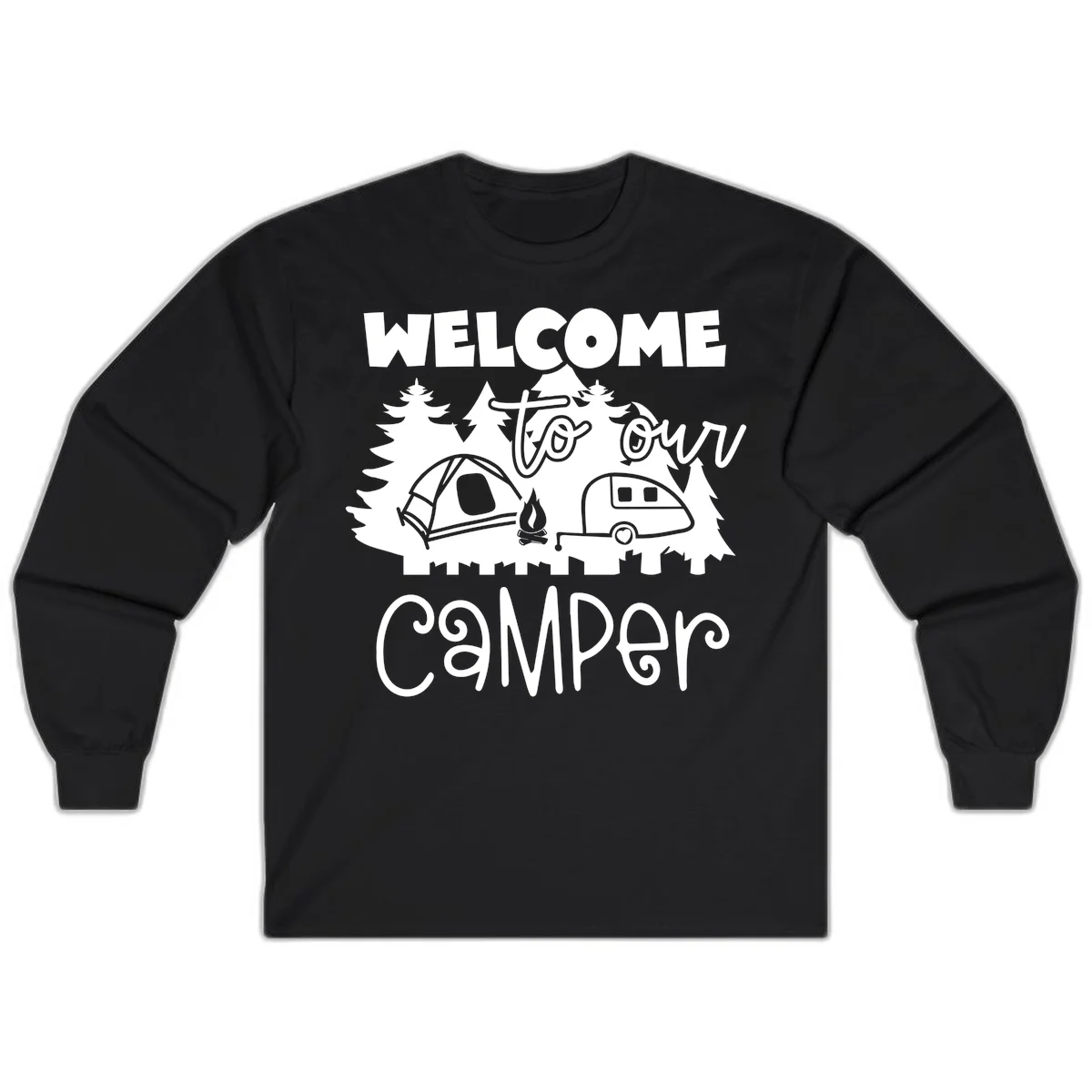 White camping illustration with tent, campfire, and travel trailer surrounded by pine trees and 'Welcome To Our Camper' text on gray background in Black