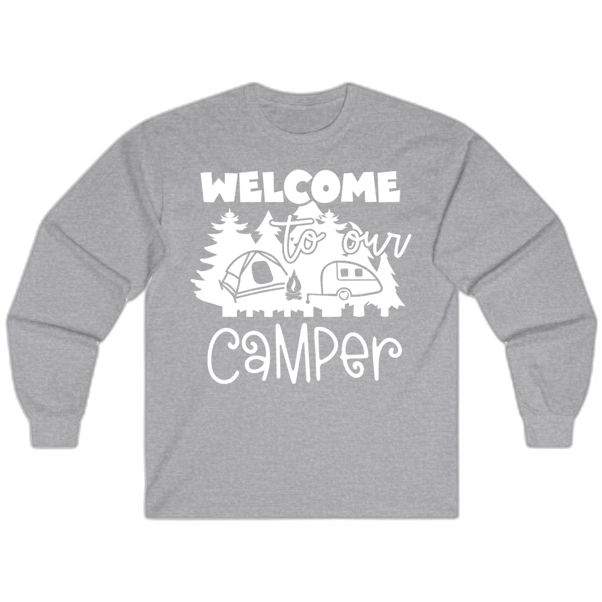 White camping illustration with tent, campfire, and travel trailer surrounded by pine trees and 'Welcome To Our Camper' text on gray background in Sport Grey
