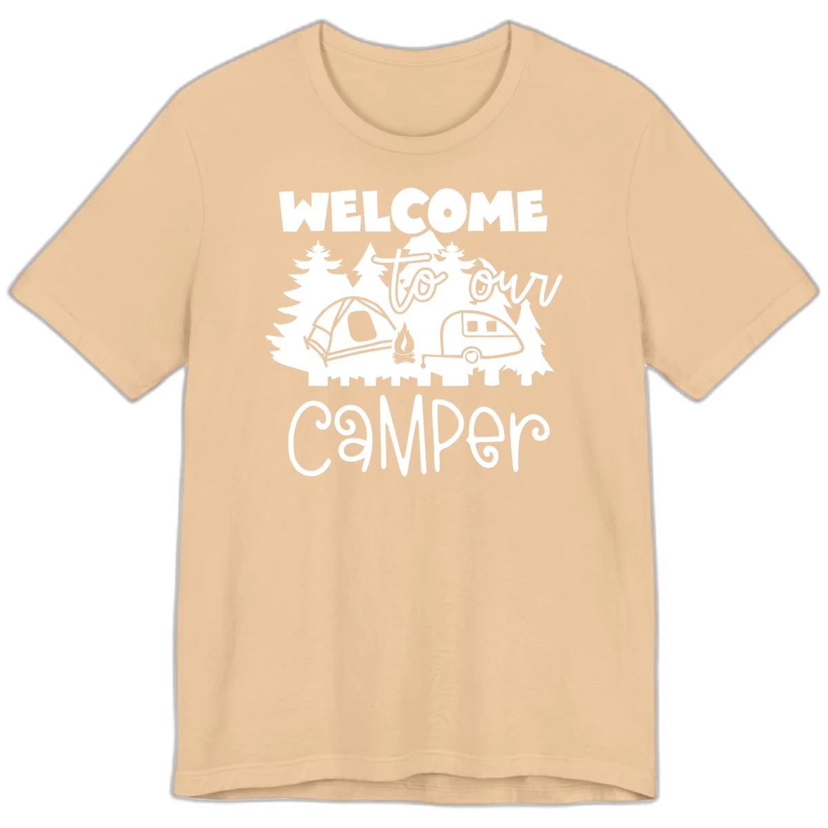 White camping illustration with tent, campfire, and travel trailer surrounded by pine trees and 'Welcome To Our Camper' text on gray background in Sand Dune