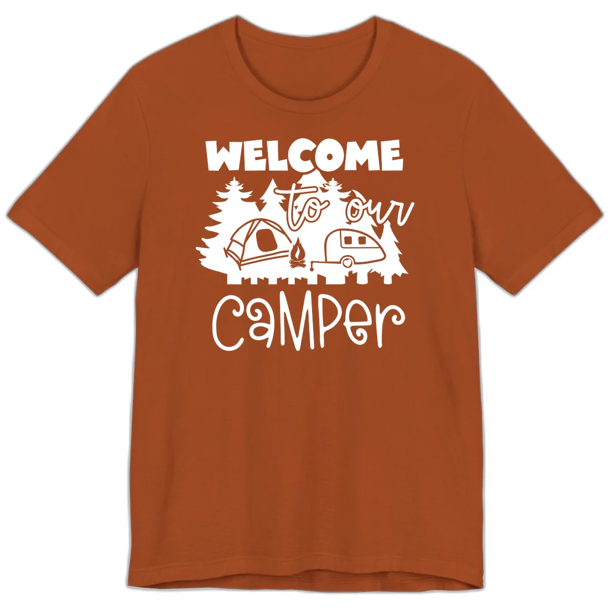 White camping illustration with tent, campfire, and travel trailer surrounded by pine trees and 'Welcome To Our Camper' text on gray background in Autumn