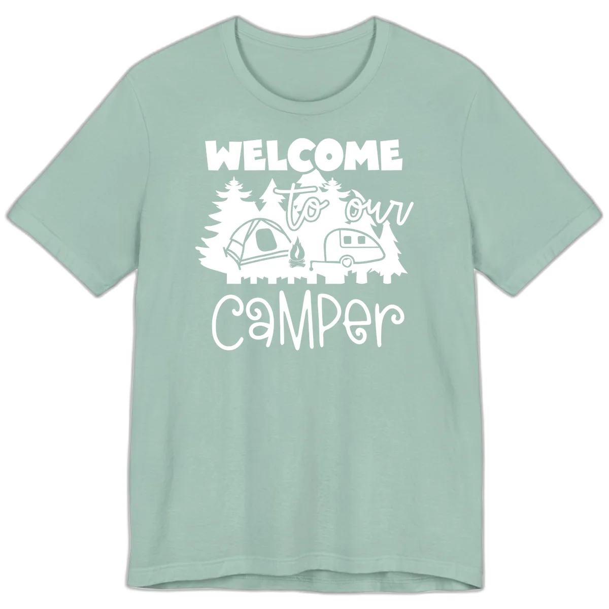 White camping illustration with tent, campfire, and travel trailer surrounded by pine trees and 'Welcome To Our Camper' text on gray background in Dusty Blue
