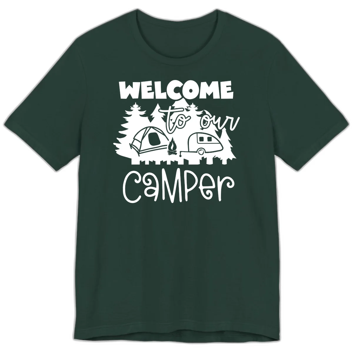 White camping illustration with tent, campfire, and travel trailer surrounded by pine trees and 'Welcome To Our Camper' text on gray background in Forest
