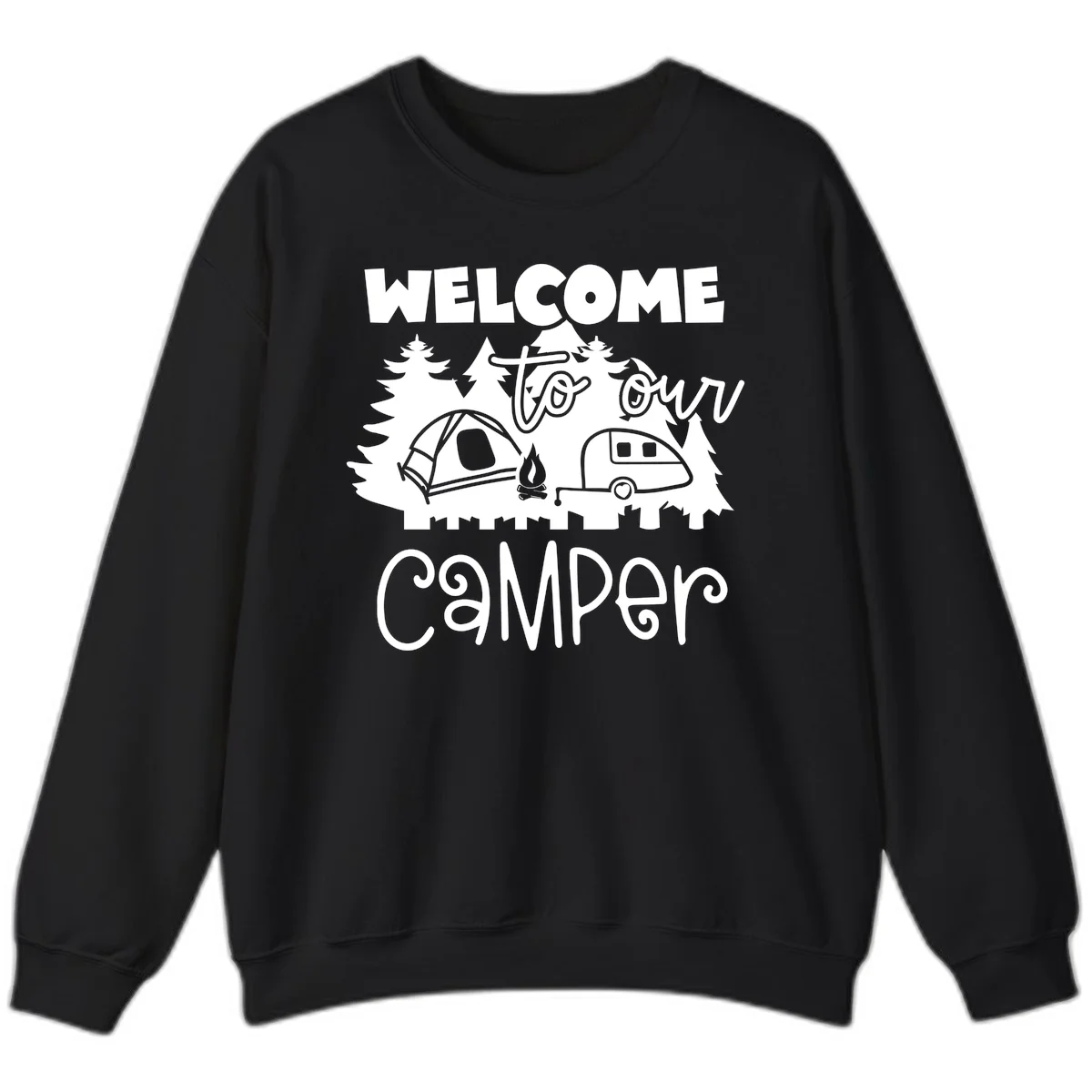 White camping illustration with tent, campfire, and travel trailer surrounded by pine trees and 'Welcome To Our Camper' text on gray background in Black