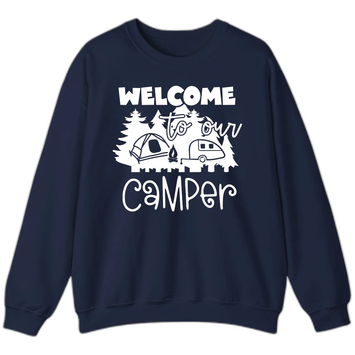 White camping illustration with tent, campfire, and travel trailer surrounded by pine trees and 'Welcome To Our Camper' text on gray background in Navy