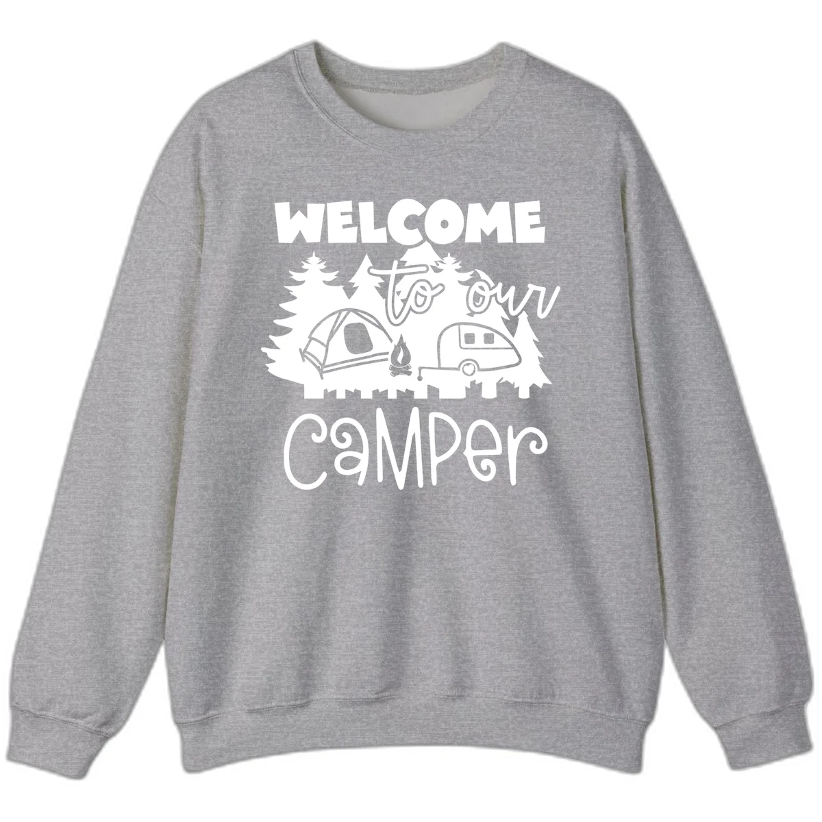 White camping illustration with tent, campfire, and travel trailer surrounded by pine trees and 'Welcome To Our Camper' text on gray background in Sport Grey