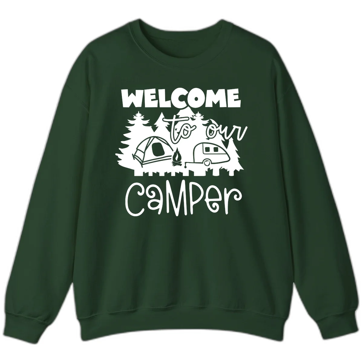 White camping illustration with tent, campfire, and travel trailer surrounded by pine trees and 'Welcome To Our Camper' text on gray background in Forest Green