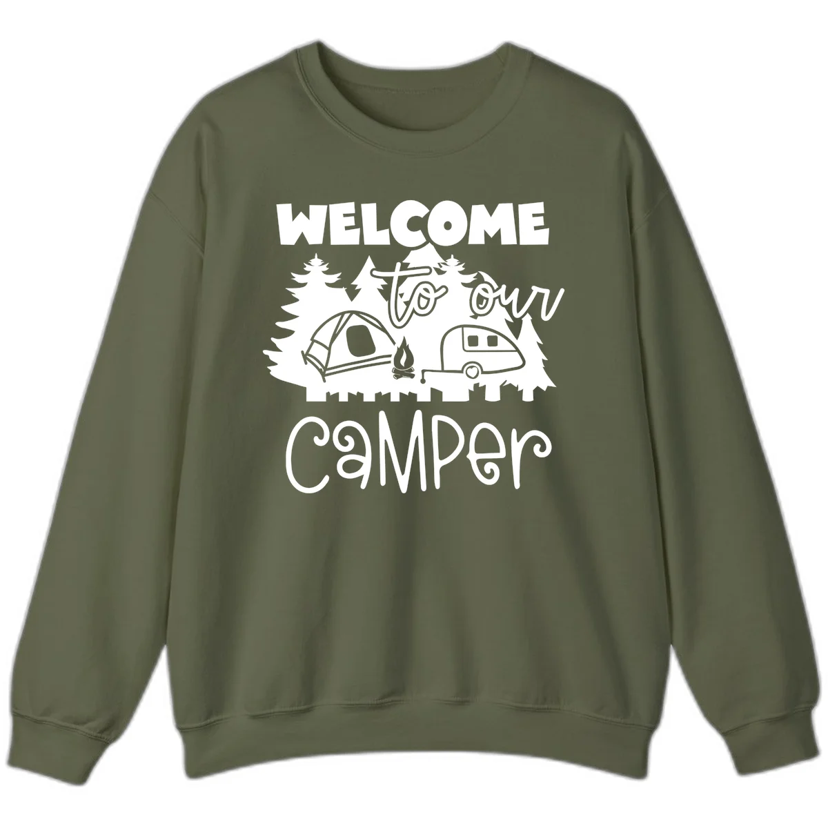 White camping illustration with tent, campfire, and travel trailer surrounded by pine trees and 'Welcome To Our Camper' text on gray background in Military Green