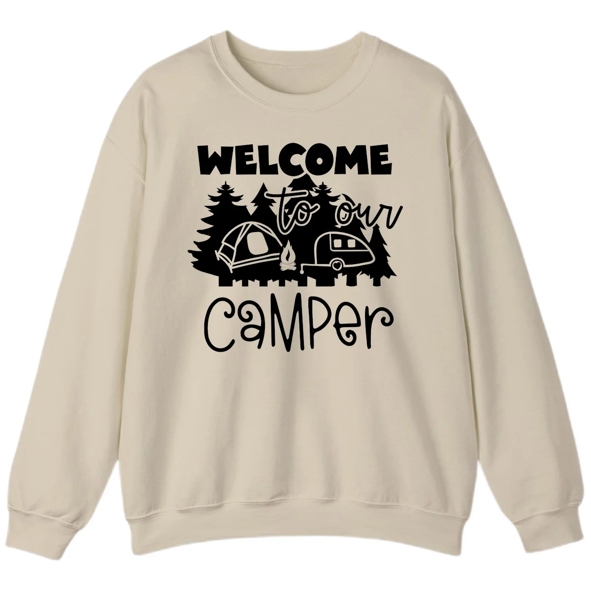 White camping illustration with tent, campfire, and travel trailer surrounded by pine trees and 'Welcome To Our Camper' text on gray background in Sand