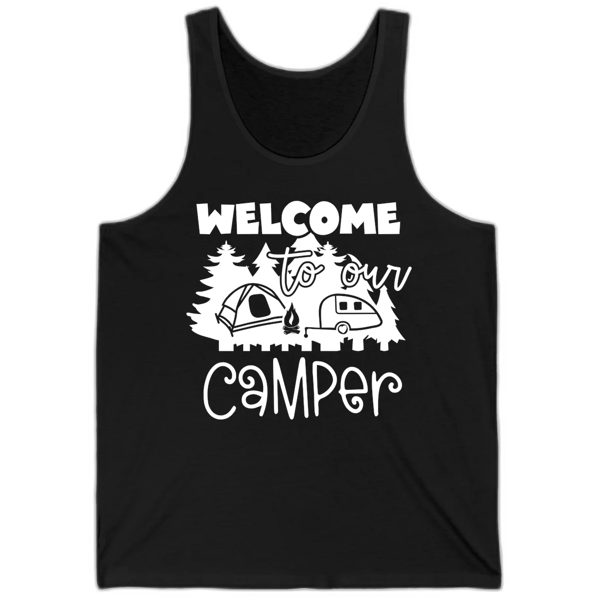 White camping illustration with tent, campfire, and travel trailer surrounded by pine trees and 'Welcome To Our Camper' text on gray background in Black