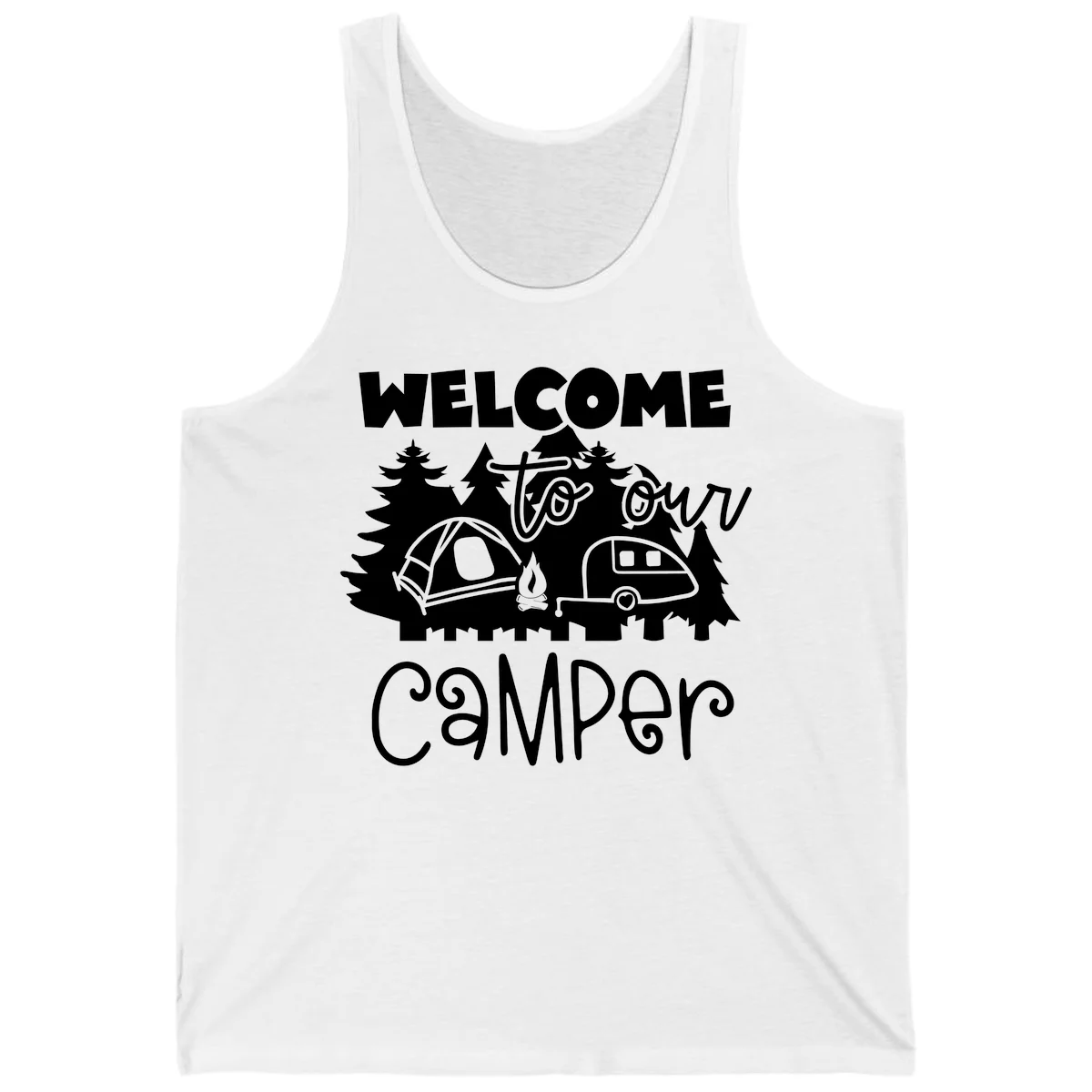 White camping illustration with tent, campfire, and travel trailer surrounded by pine trees and 'Welcome To Our Camper' text on gray background in White